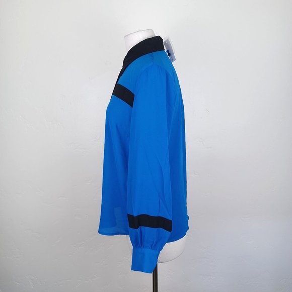 NY&C Women's Blouse Bow Front Long Sleeve Colorblock Blue Black Size Medium - Picture 4 of 7